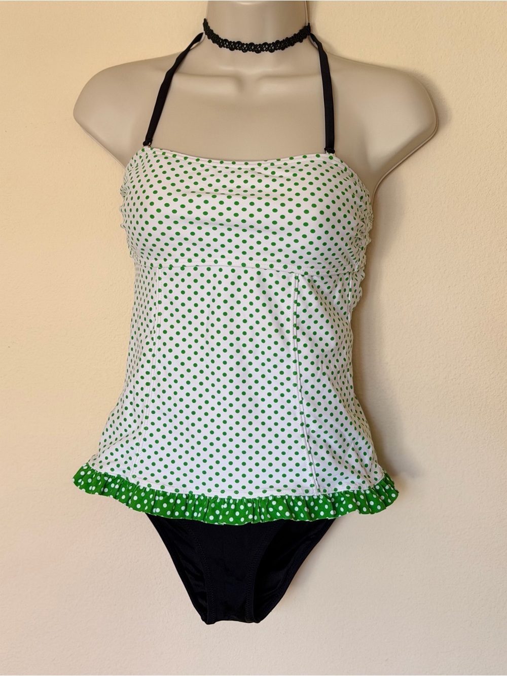 Hula Honey White & Green Reteo Polka Dot Swimsuit with Black Straps
